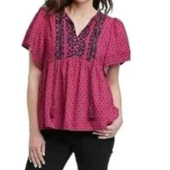 Knox Rose Pink/Back tie neck flutter sleeves rich magenta dot top, size XXL - Picture 1 of 5